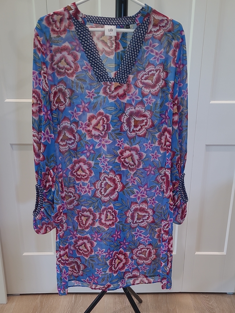CAbi Blue Floral V-Neck Cover-up with Pink Accents